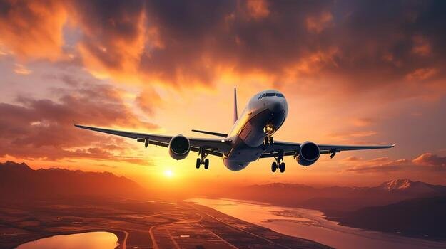 ai generated landing a plane against a golden sky at sunset passenger aircraft flying up in sunset light travelling and business concept photo